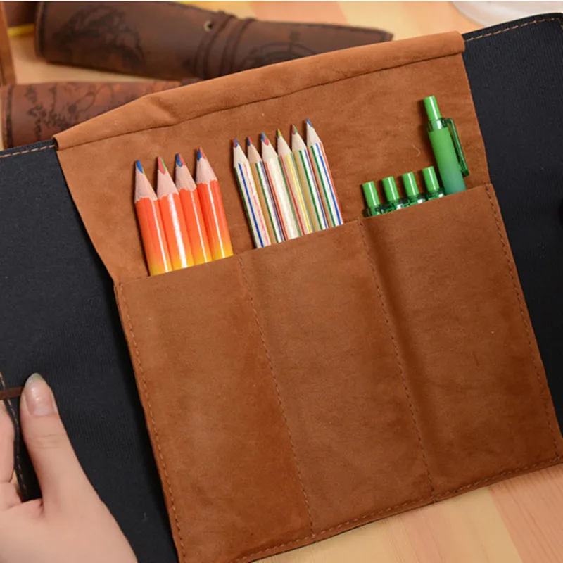 Vintage Retro Treasure Map Pencil Cases Luxury Roll Leather PU Pen Bag Pouch for Stationery School Supplies Make Up Cosmetic Bag