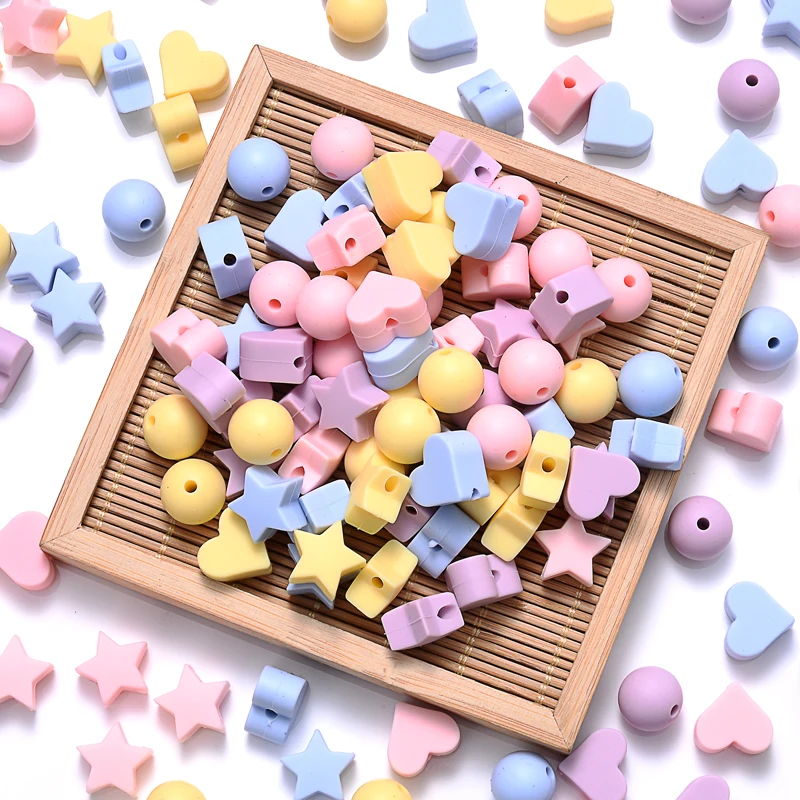 50Pcs/Set Mix Style Silicone Beads Baby Heart Star Shape Nuring Teething Beads Sets DIY Baby Pacifier Chain Toys Accessories