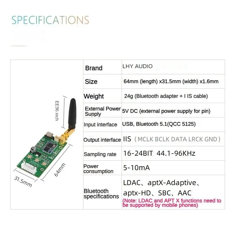 QCC5125 Bluetooth 5.1 USB Type C Input Conversion Board Adapter Plate I2S IIS Output 96KHz