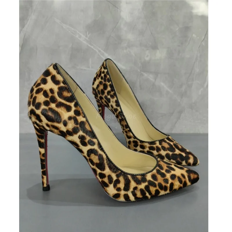 

Leopard Print Thin Heel Shallow Shoes Women 10Cm High Heels Pumps Velvet Handmade High Quality Shoes Plus Size 43 for Lady