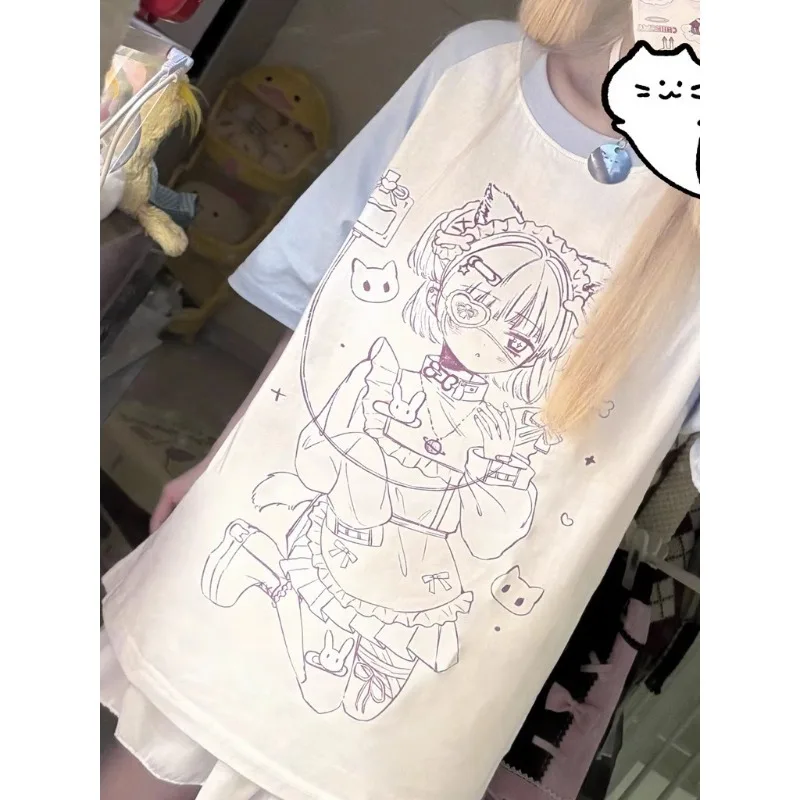 

Subculture Summer Short Sleeve T-shirt Y2k Harajuku White Patchwork Women Y2k Top Blue Casual Japanese New Basic 2024 Tees