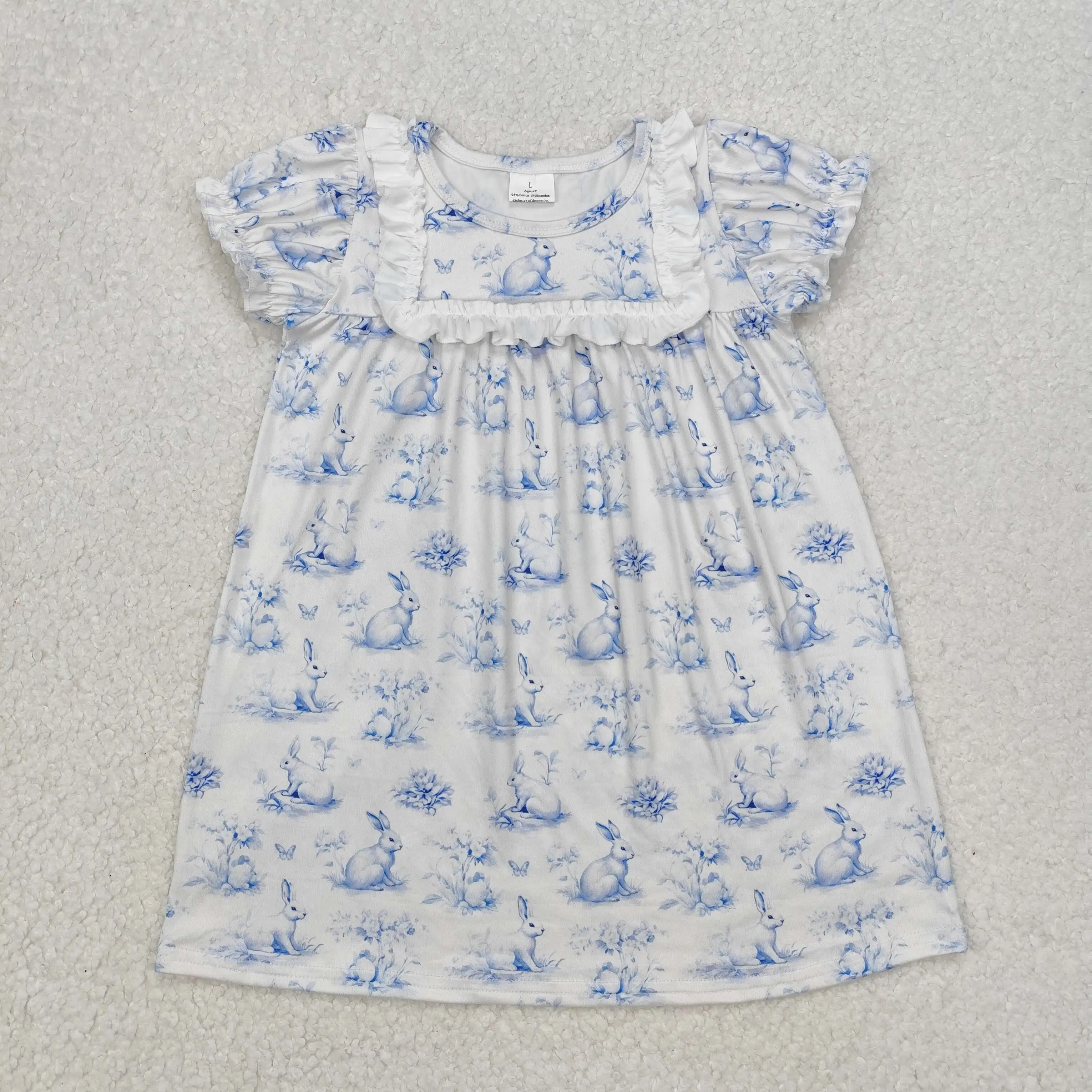 

Bunny Blue Flowers Print Girls Easter Knee Length Dress RTS Wholesale Boutique High Quality Factory Price Infants Clothes