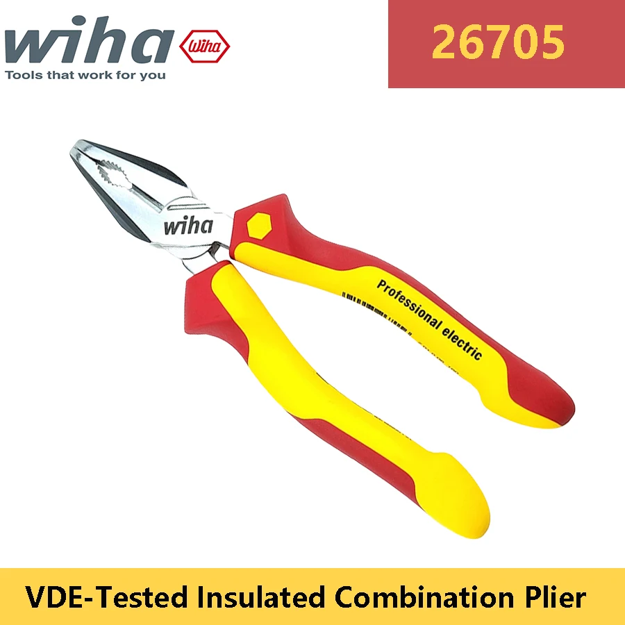 WIHA 26705 Insulated Combination Plier 1000V VDE Insulated Steel Wire Cutter with Extra Long Cutting Edge 160mm Electrical Plier