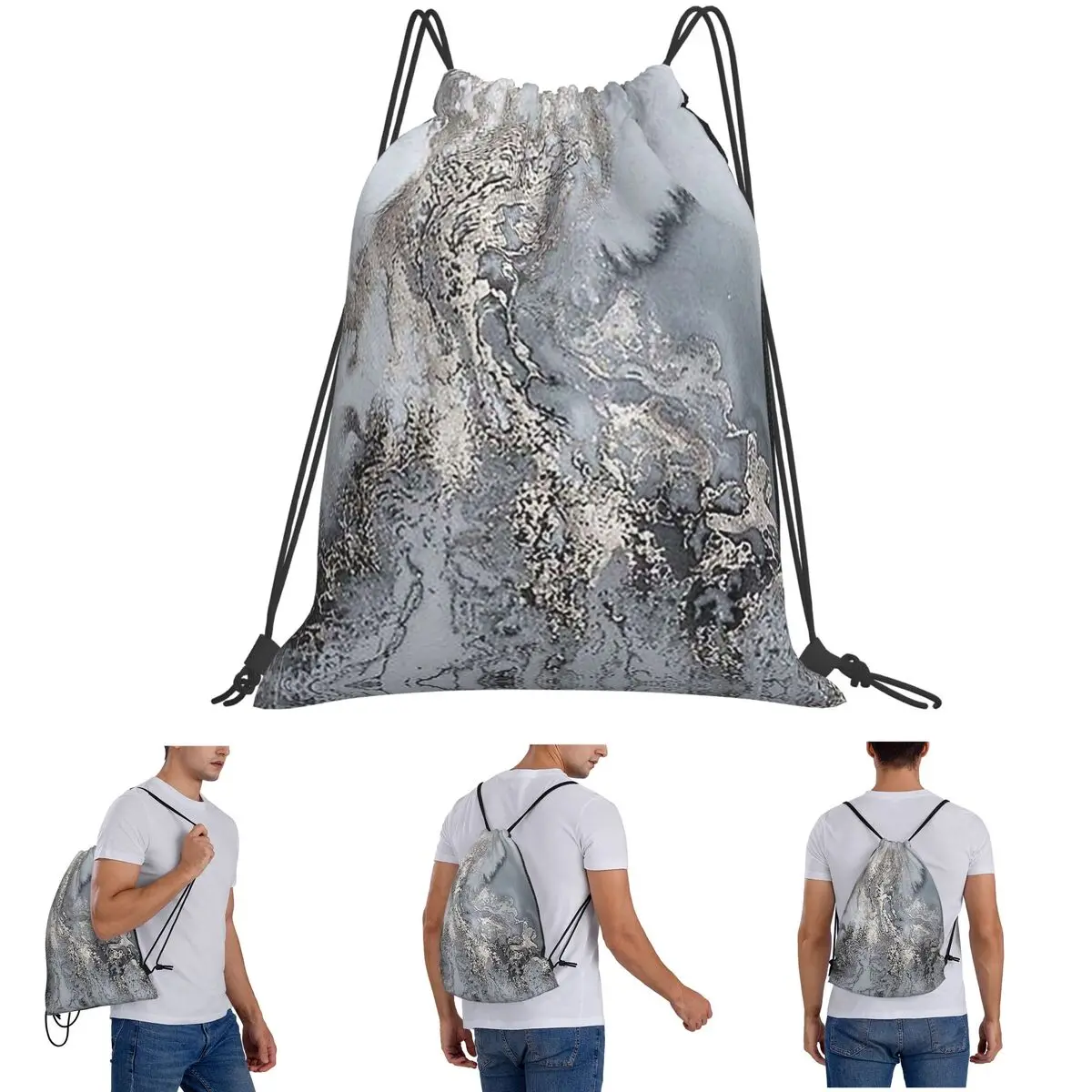 Grey And Silver Marbl Backpacks Casual Drawstring Bags Sundries Bag Book Bags for Man Woman School