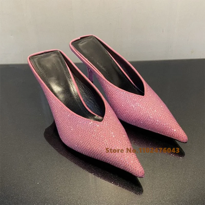 

Women Balck Rhinestones Pointed Toe Slippers Thin High Heel Casual Outside Shallow Pumps Stiletto Heels Office Lady Shoes