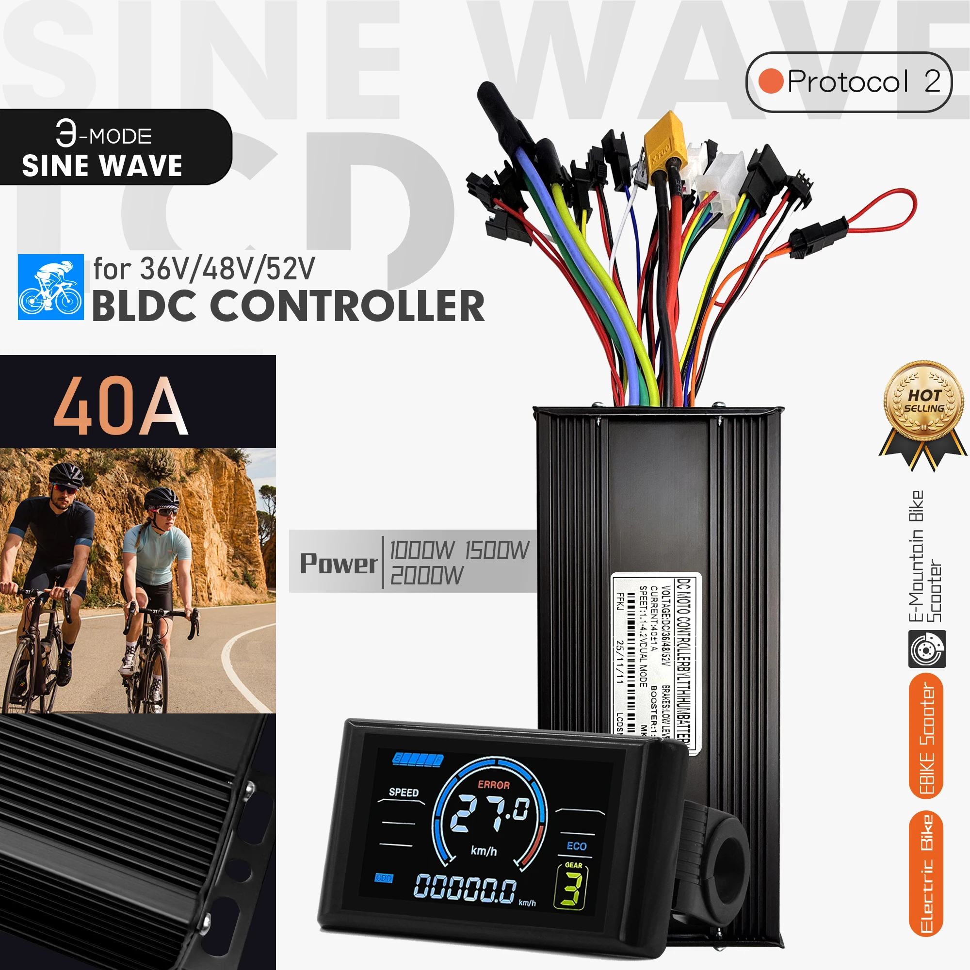 

36V 48V 52V 40A 1000W 1500W 2000W Ebike Three-Mode Sine Wave Controller 15 MOSFET Brushless Controller for E-Mountain Scooter