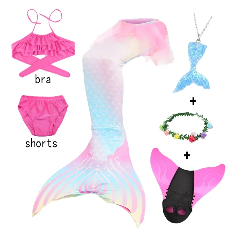 

6pcs/Sets Girls Swimmable Mermaid Tail Princess Cosplay Costume Swimsuit Birthday Party Kids Beach Clothes Add Flippers