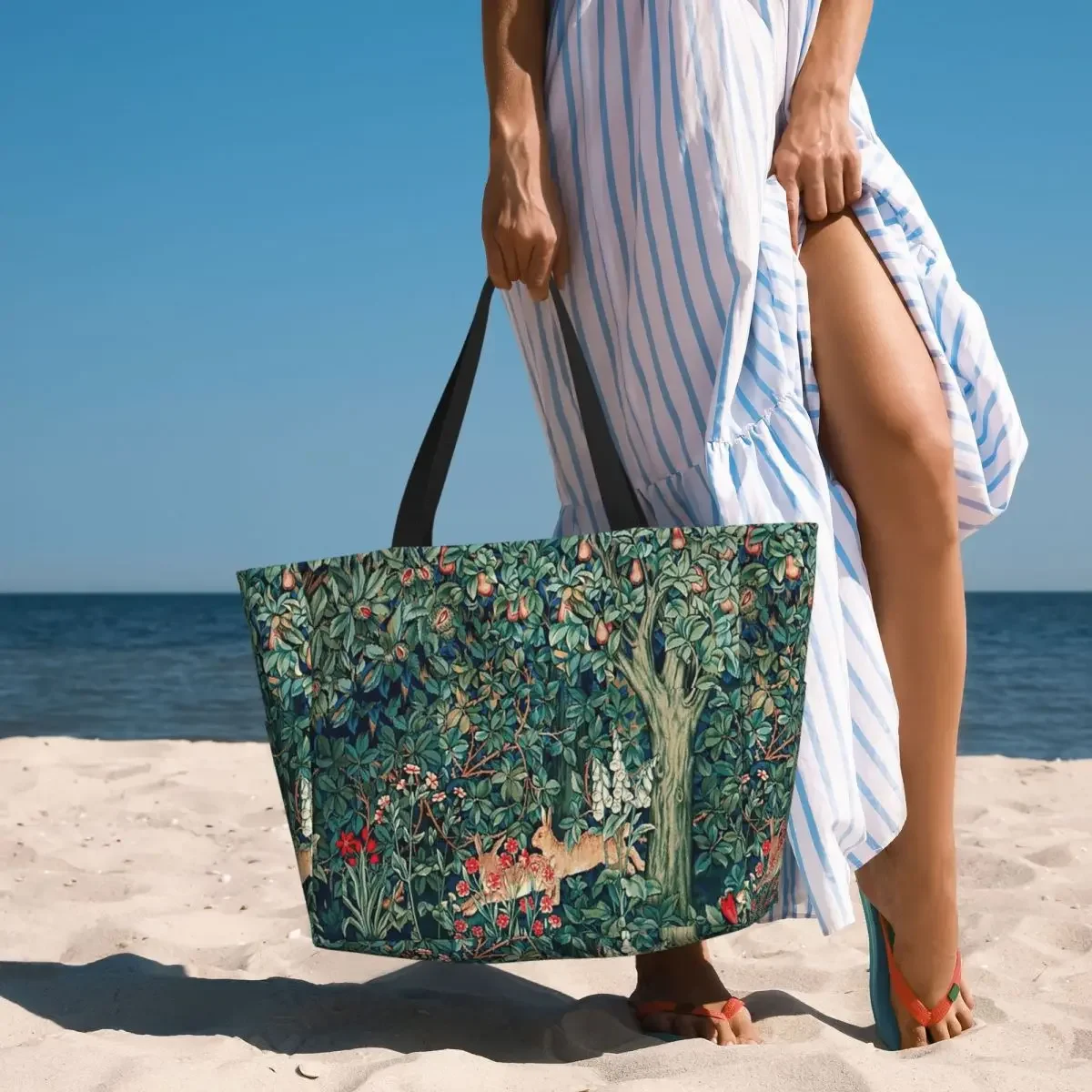 GREENERY, FOREST ANIMALS Hares Blue Green Beach Tote Bag Sport Gym Yoga Duffle Large Tote Bag Women Travel Bag Fitness bag