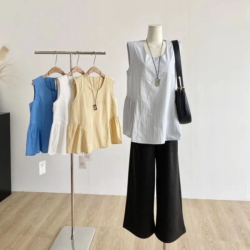 韓国風スレドール風トップス レディース ゆったりスウェットベスト 夏新作 ラウンドネック 無地 通勤 スタイリッシュ