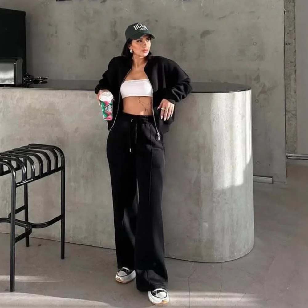 

Женский спортивный костюм в американском стиле: комплект с длинными рукавами и брюками для дома и улицы, повседневный уличный модный наряд для осени и зимы