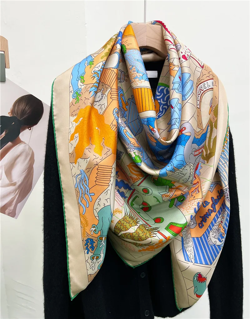 Designer Twill Silk Scarf Mulberry Giant Hand-Rolled Shawl Herm Head Hair Bag Bandana Large Summer Spring Accessories Decoration