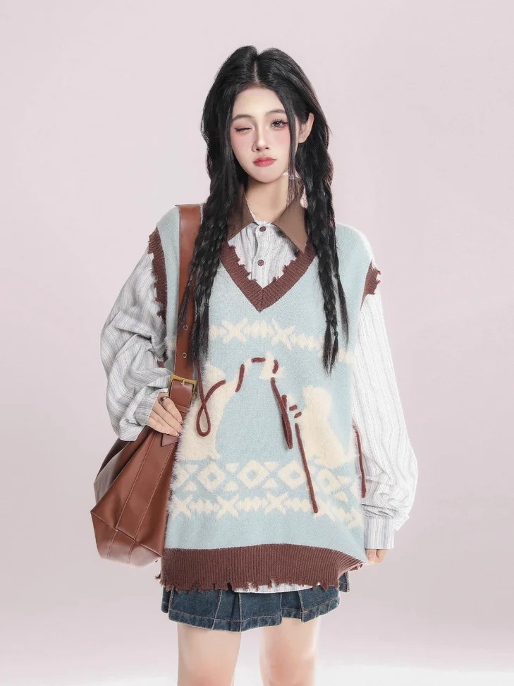 

Gagaok Irregular V-neck Knitted Sweater Vest Holes Autumn New Stacked Cat Jacquard Lace Up Top Korean Fashion Waistcoat Clothes