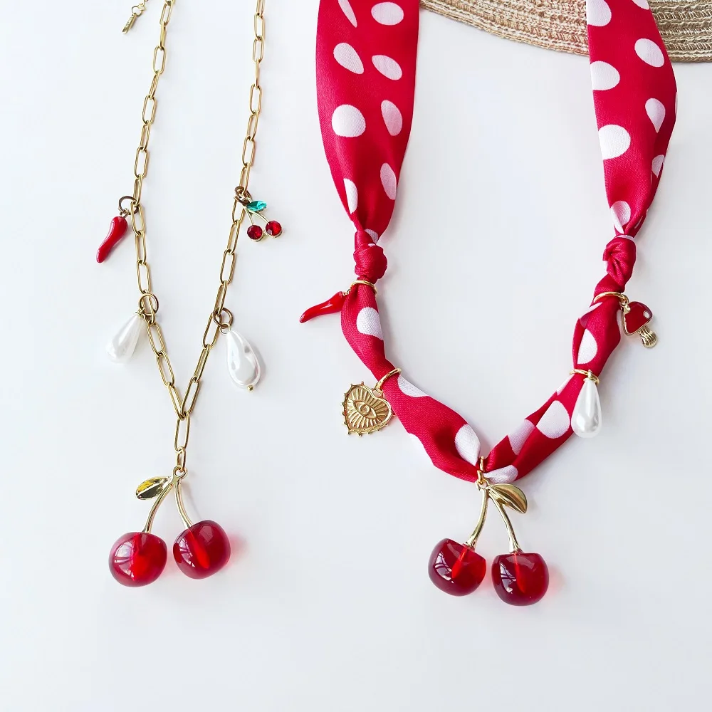 

21 Styles-Bandana Necklace with Multi Charms Cherry, Flower, Hearts, Sun, Butterfly Scarf Necklace Accessory