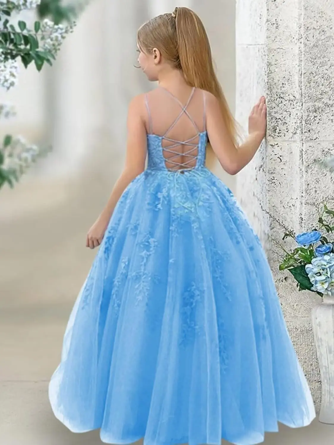 Flower Girl Tulle Square Neck A Line First Communion Dress Girls Lace Applique Pageant Party Ball Gown  Flower Girl Dresses