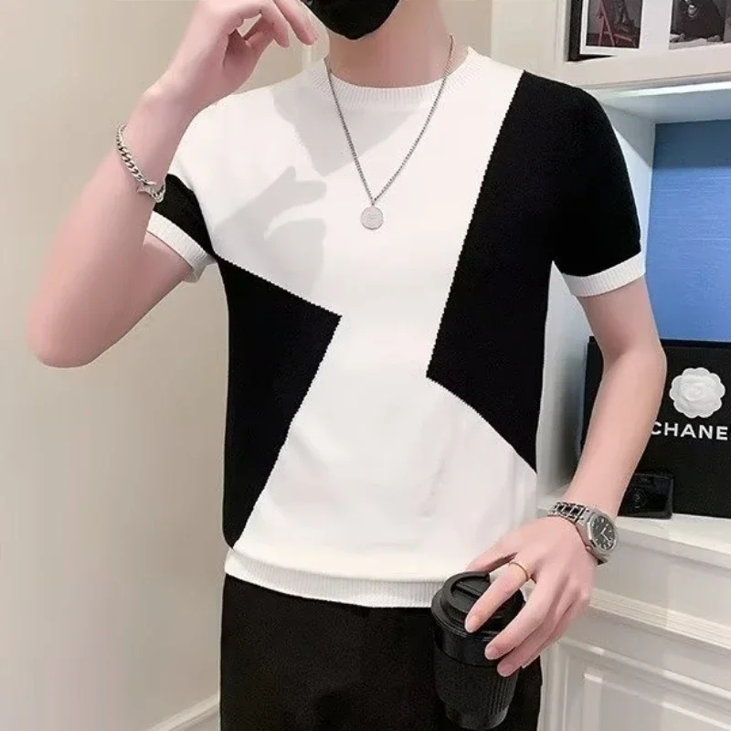 Slim Sweaters Men Stretchy Smart Casual Stylish Irregular Spring Summer Contrast Color Breathable Temperament Classic Trendy