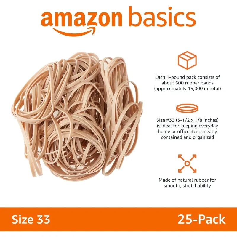 Basics Rubber Bands, Size 33 (3-1/2 x 1/8 Inch), 600 Bands/1 lb Pack, 25-Pack, Tan US(Origin)