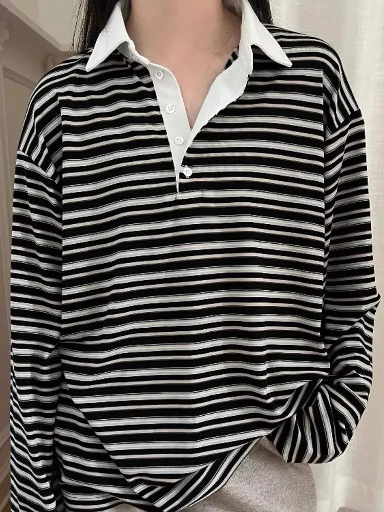 Retro Loose Long Sve Ne Gestreiftes T-Shirt Color Blo Casual Sle Damen Faion Sweet Fre Match All Long Sve Top