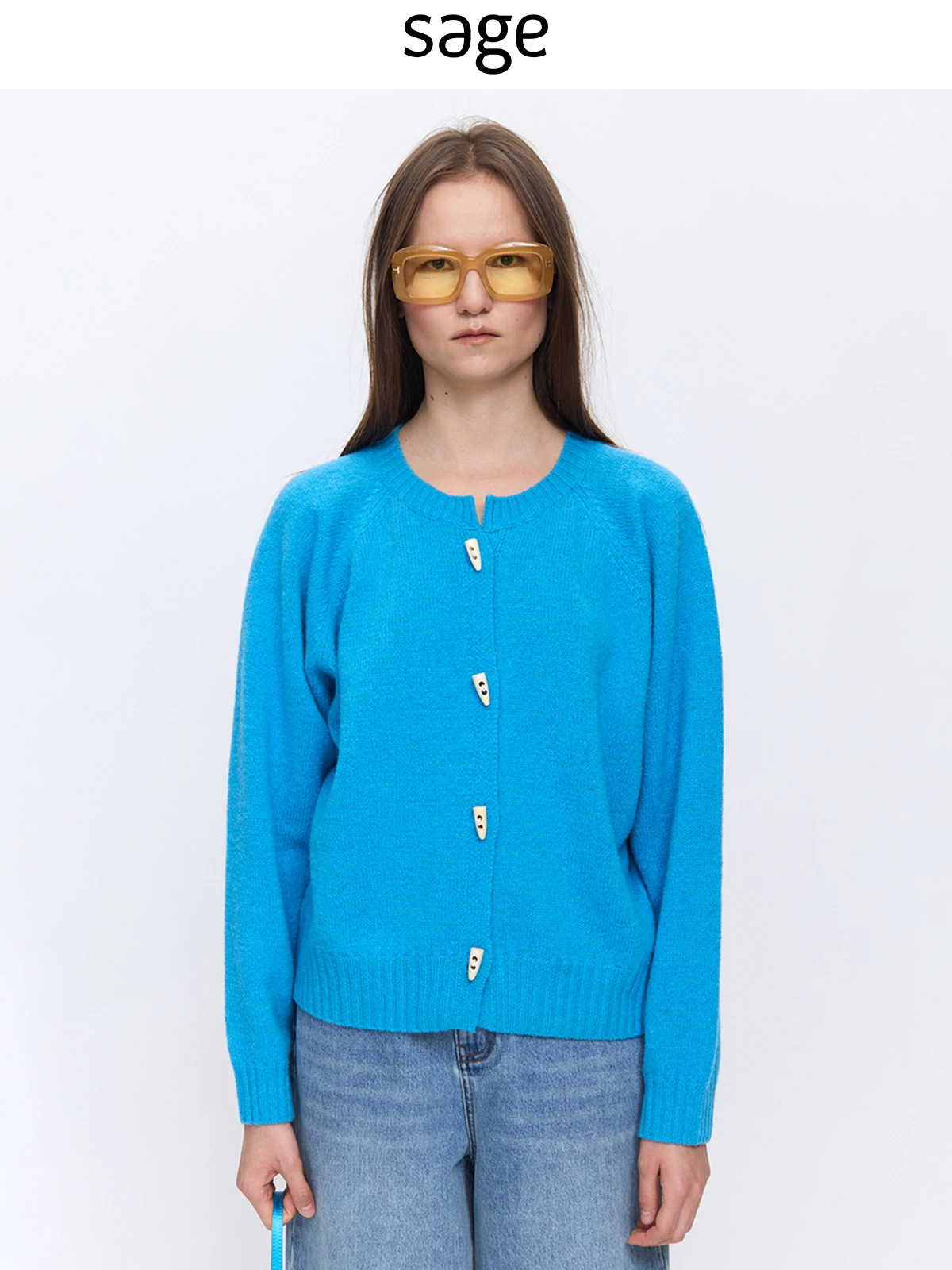 

Sagestudio Blue Woolen Long Sve Open Cardigan Simplici Sle Women's Knitted Sweater with Imitation Horn Buttons