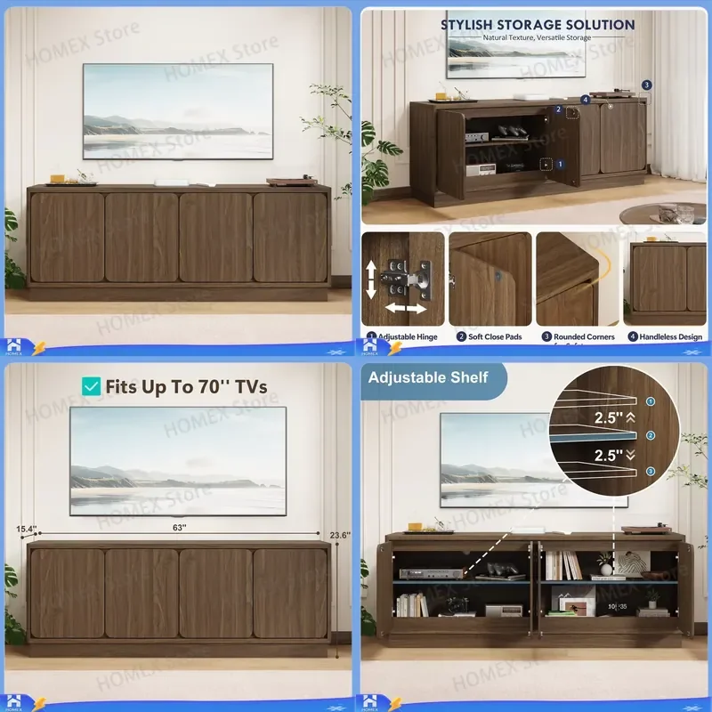 Modern TV Stand Cabinet with 4 Doors Wood Particleboard Media Console Table Storage Unit with Cable Management for Living