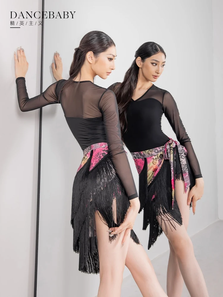 2024 New Adult Women Latin Dance Clothes Long Sleeves Tops Tassel Hip Scarf Latin Skirt Rumba Samba Dance Practice Wear BL13526