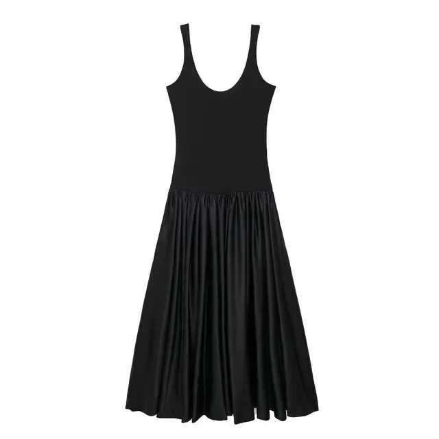 New Women Chic Elegant Black Sleeveless Patchwork Dress Female Vintage Sling Loose Party Slim Pleated Dresses Vestidos Mujer