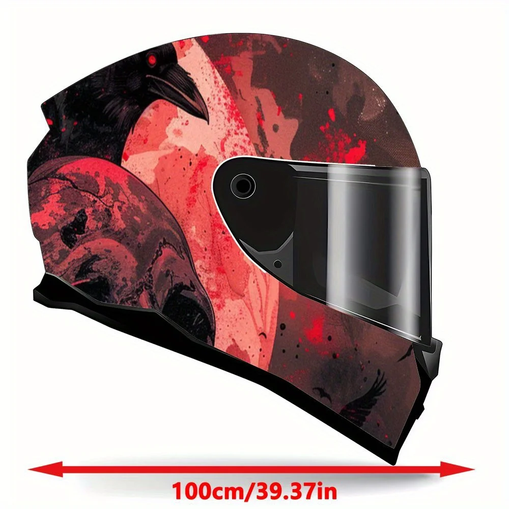 Red Moon Raven Skeleton PVC Motorcycle Helmet Vinyl Wrap, Self-Adhesive Waterproof Sticker, Anti-Scratch Decorative Film for Ful