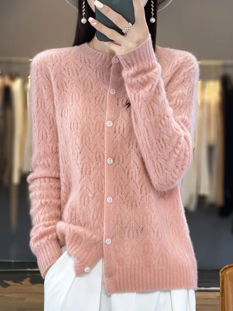 2024 Autumn Winter 100% Merino Wool Women’s Cardigans Hollow Out Knitwear Coat Sweater Clothing Basic Comfortable  Leisure Tops