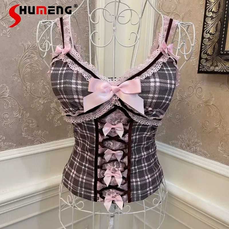 

Japanese Rojita Hot Girl Heart Jk Plaid Bow Cross Lace Up Slim Fit Camisoles Sweet Cute Camisole Y2k Crop Top Women's Clothing