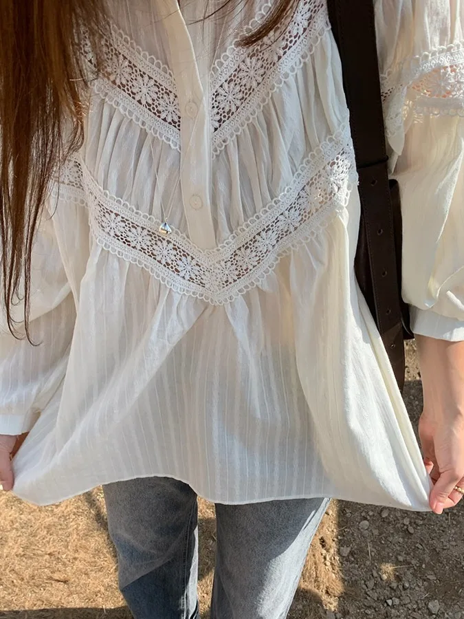 Chic Primavera Nuove Donne Coreano Sle Dolce Merletto Splice Bubble Sve irt Lungo Sve Button up Camicetta Faionable Ladies irt