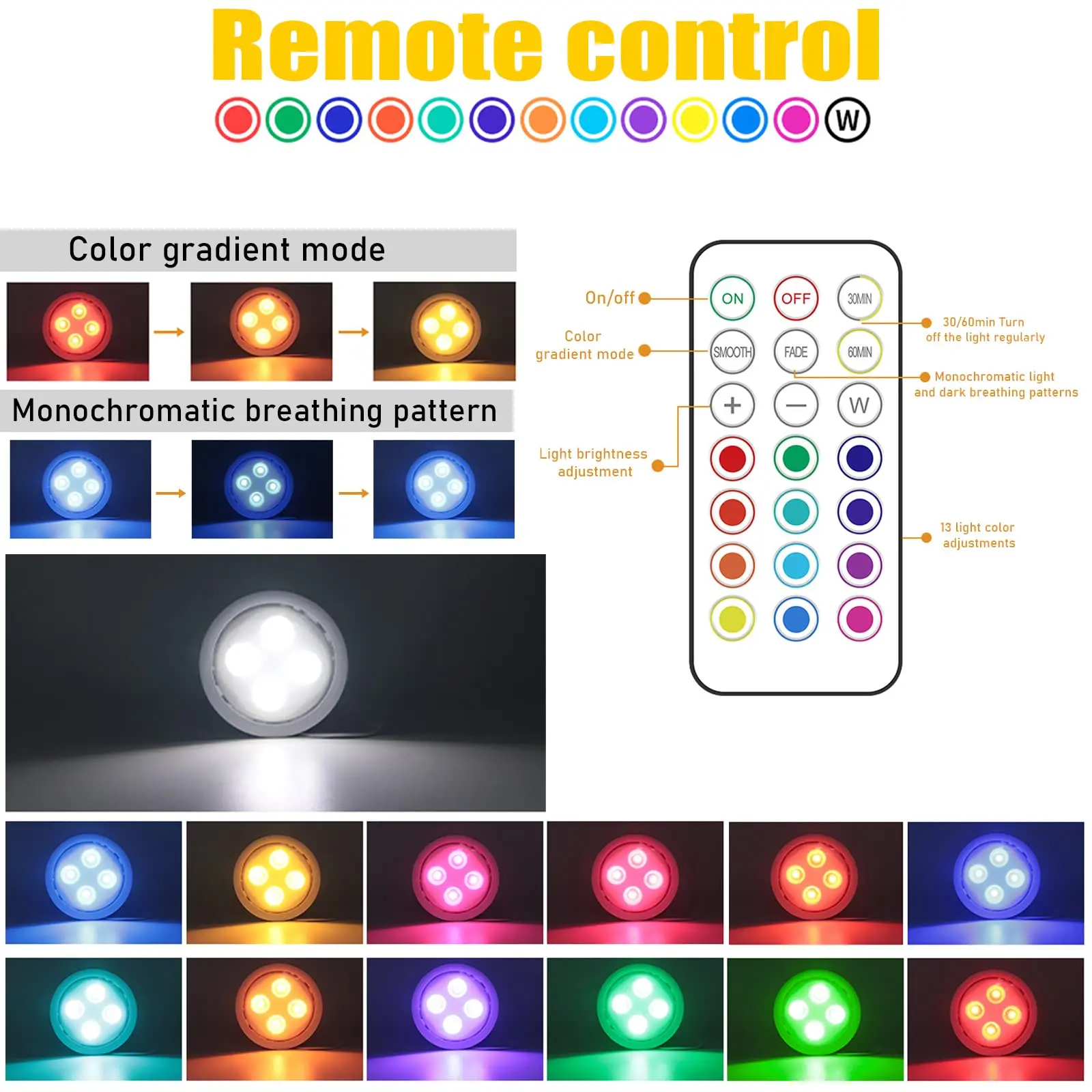 1-5Pcs Wireless Under Cabinet LED Lights For Kitchen RGB Color Changing Puck Night Light Remote Control Closet Lamp Battery