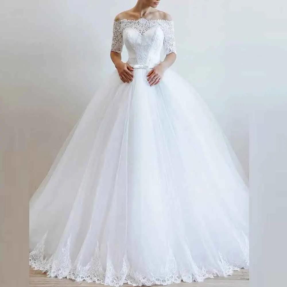 Personalizado fora do ombro vestido de casamento de renda para noiva laço cinto vestido de baile vestidos de novia botão voltar inchado vestido de noiva