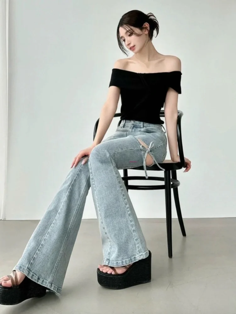 

Джинсы женские Pure Style с завязками, вырезами, облегающие, расклешенные, с высокой талией, на молнии, в милом стиле