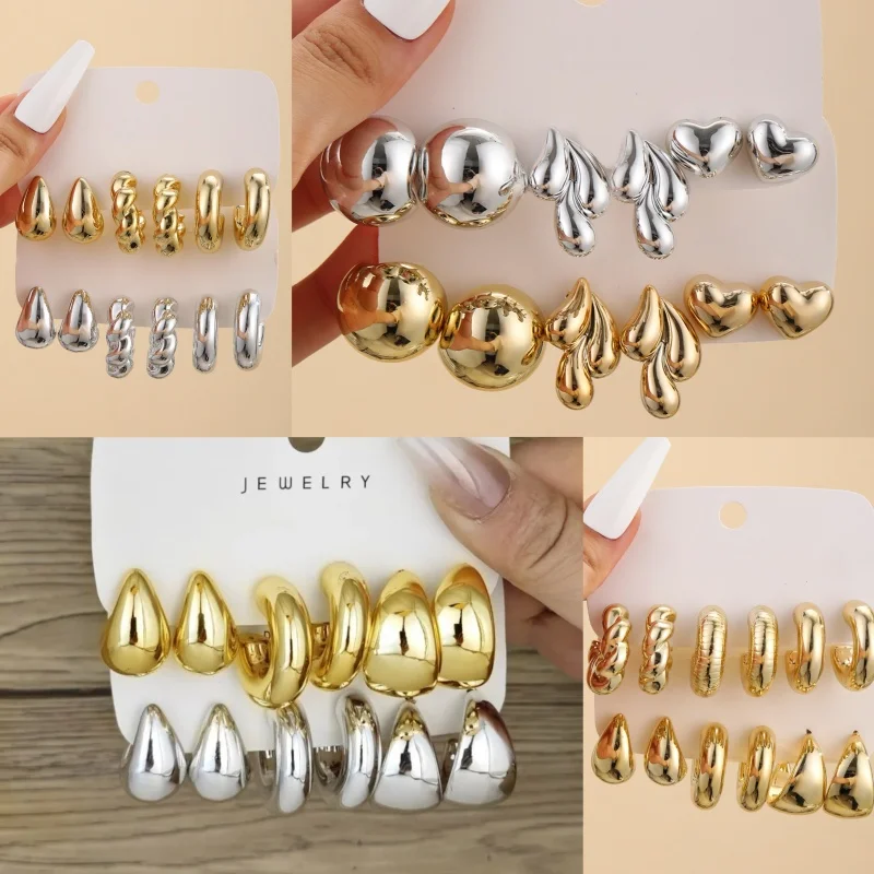 6pcs European and American cross-border new fashionable minimalist creative and personalized C-shaped water droplets C-earrings