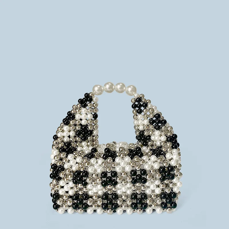 2026 New Trendy Niche Bag Design with Black White Gray Checkered Handmade Bead Production for Women's Handbags Can Be Customized