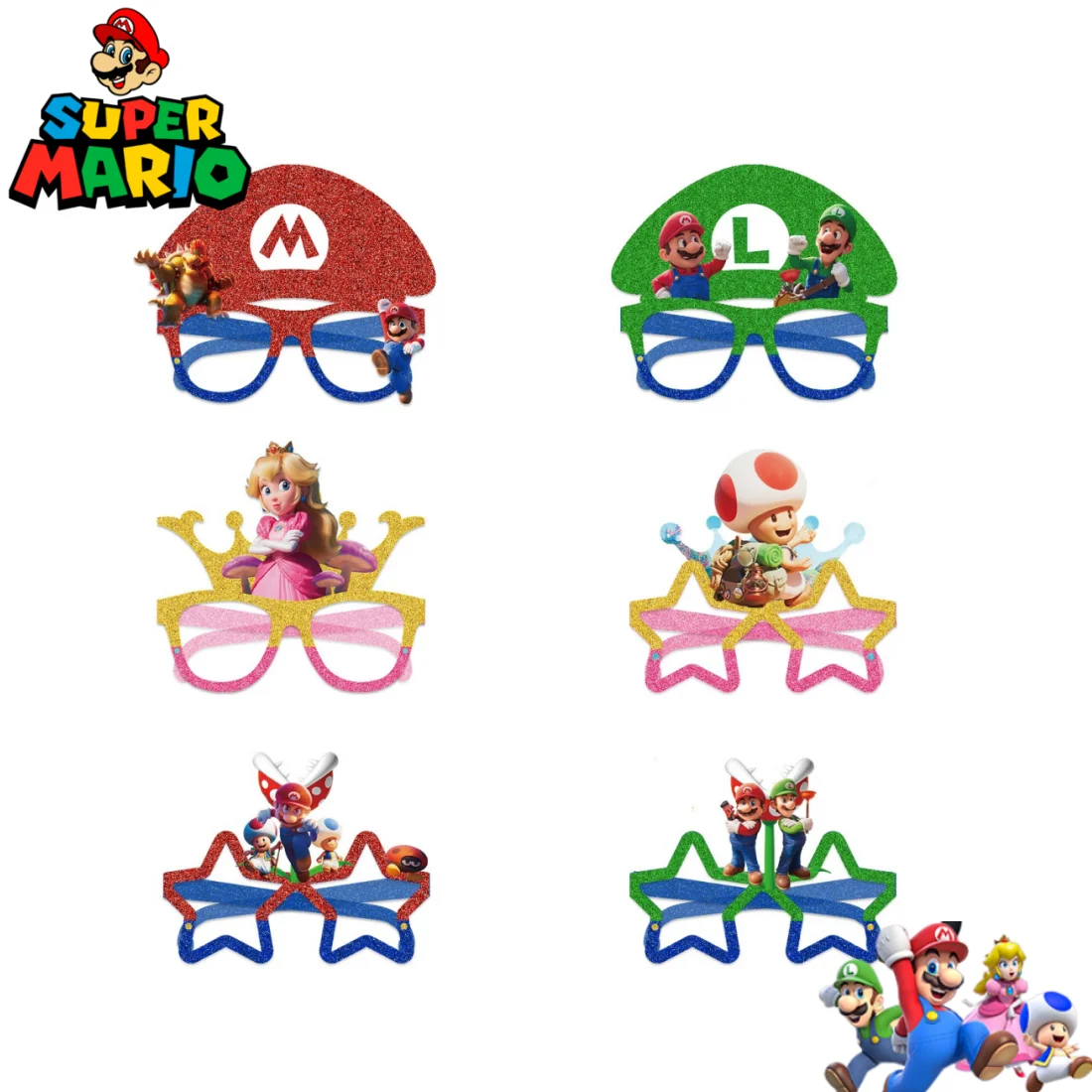 

12Pcs Set Super Mario Bros Theme Party Funny Face Mask Mario Series Cartoon Figure Cosplay Prop Paper Glasses Decorate Accessory