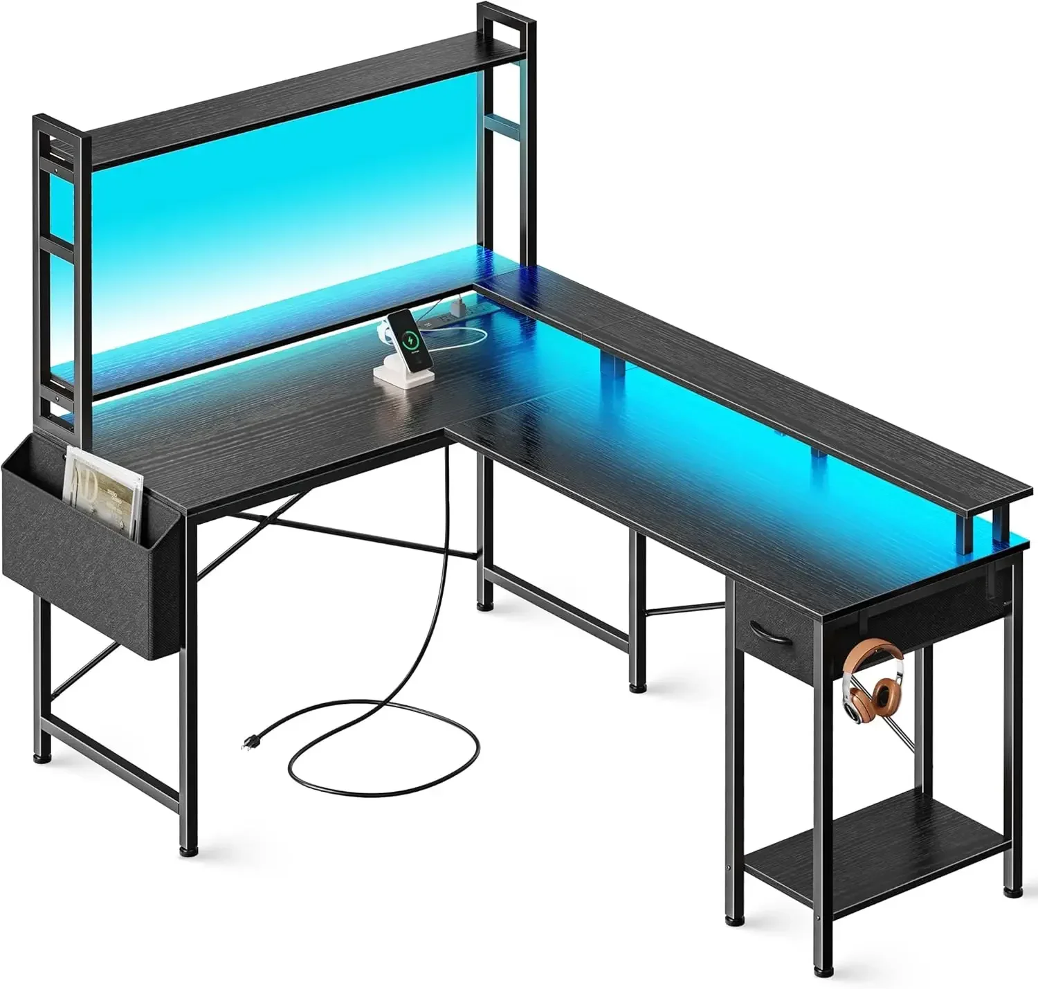 Scrivania da gioco a forma di L con luci a LED e prese di corrente, scrivania per computer con ripiani portaoggetti