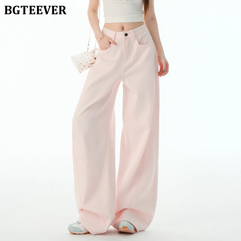 

BGTEEVER Casual Loose Female Jeans Pants Summer Stylish High Waist Pockets Women Wide Leg Denim Trousers