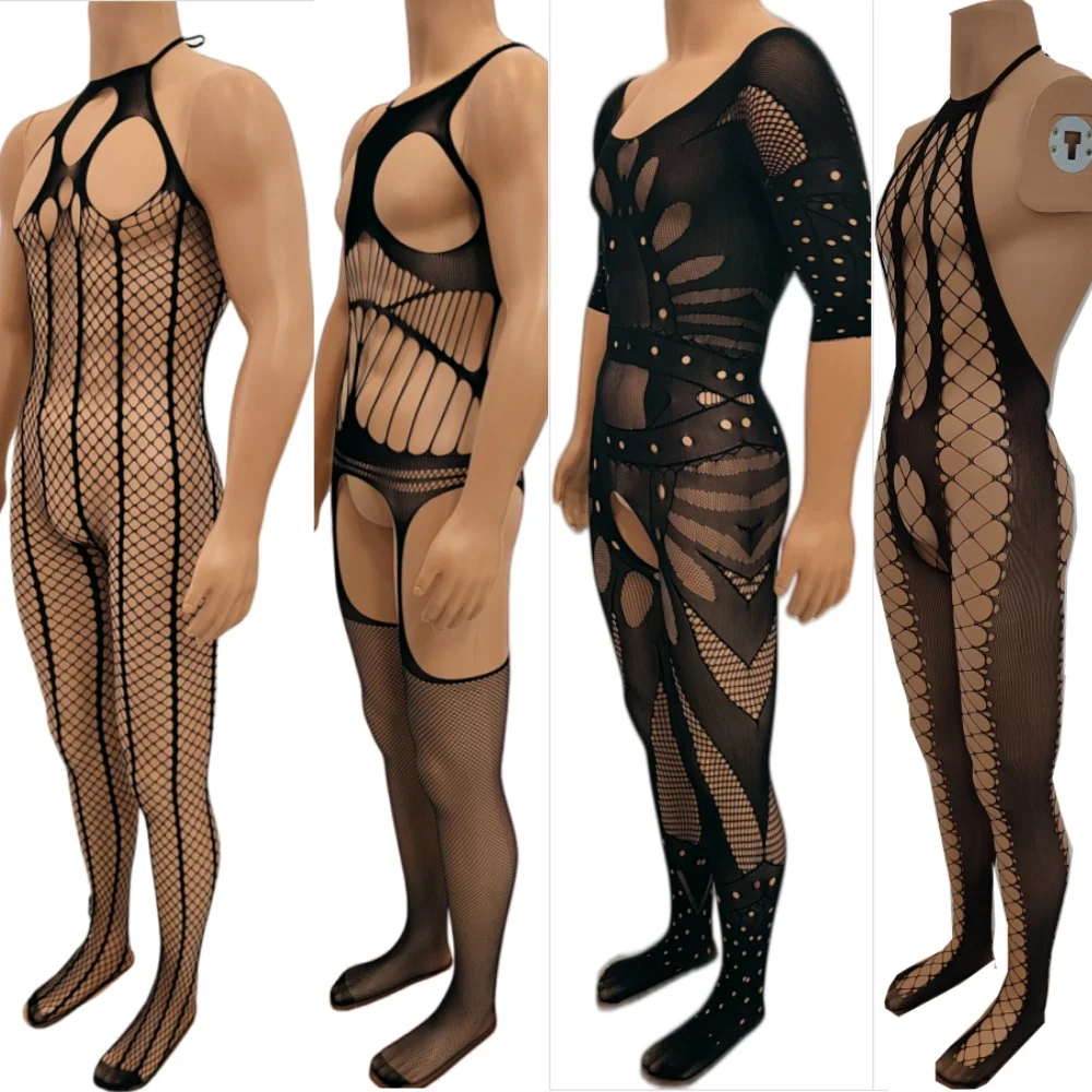 Sexy Hollow‑Out Halter See‑Through Knit Alluring Open‑Crotch Jacquard Bodysuit, Available in Sizes XS/S/M