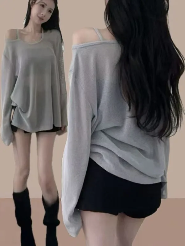 Trendy oulder-baring Lazy Sle Women's Long Sve Sun Protection irt Loose Fit Commute Sle round Ne Regular Length