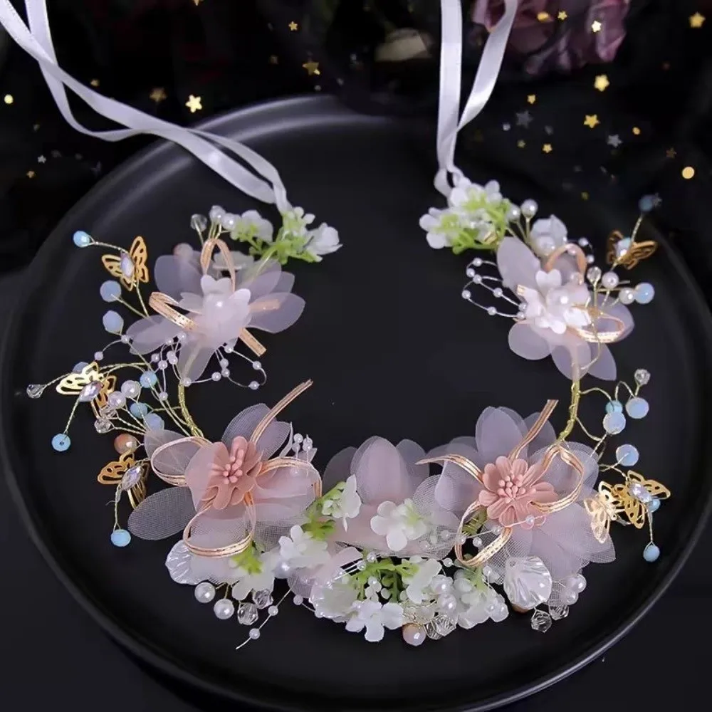 

Elegant Korean Style Flower Crown Hairband Tiara Butterfly Wreath Headband Pearl Hair Hoop Garland Wristband Amusement Park