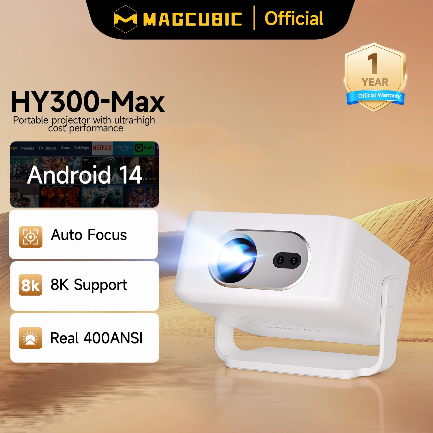 Magcubic Android 14 Auto Focus HY300Max Portable Projector 8K