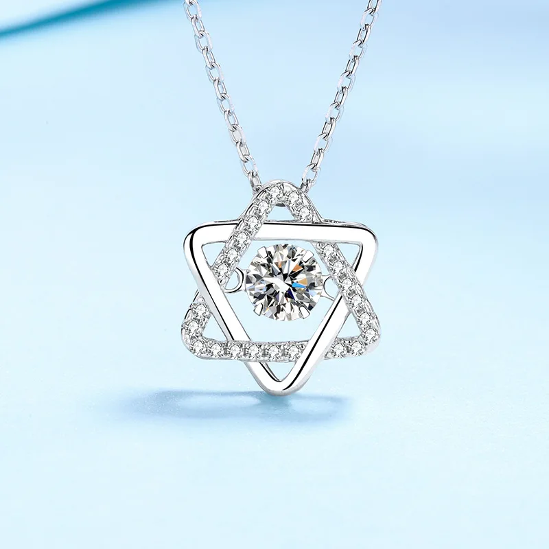 925 Sterling Silver Fashion Six Pointed Star Beating Heart Crystal Pendant Necklace for Women Luxury Hexagram Collar Jewelry