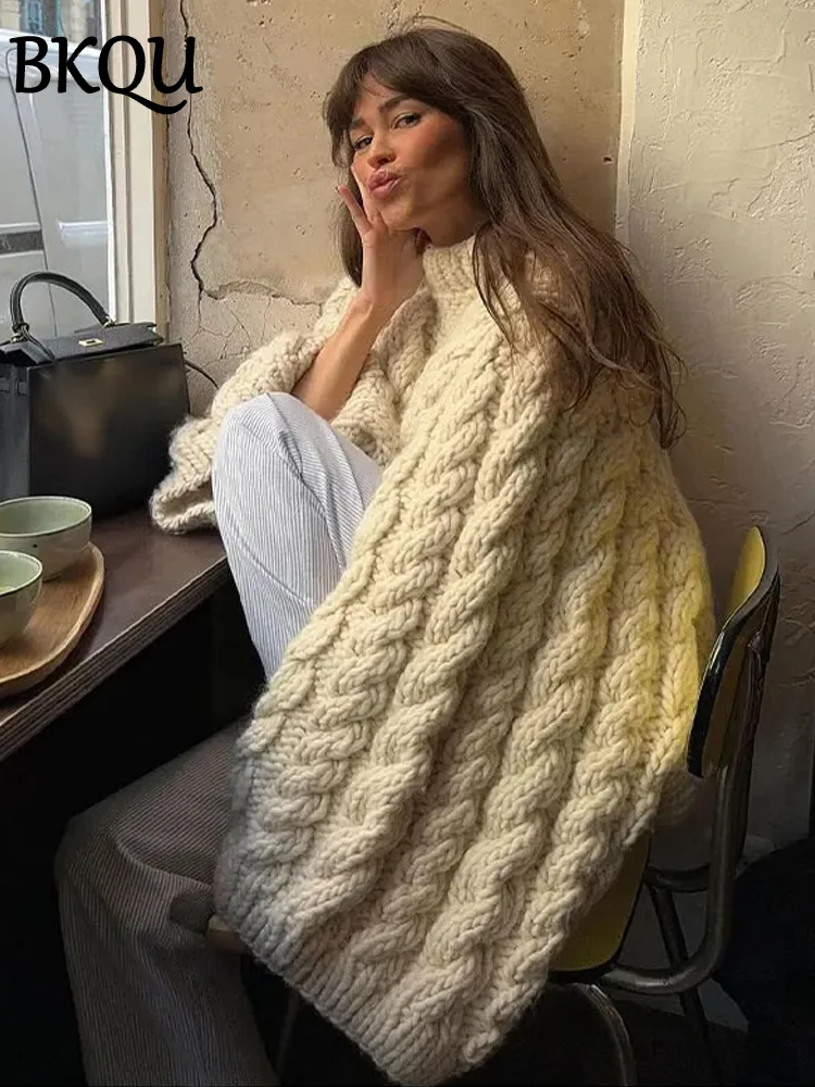 BKQU Oversize Knitted Pullover Women Solid O-neck Sweater Autumn Winter Casual Lazy Female Loose Sleeves Knitwear Jumper 2024