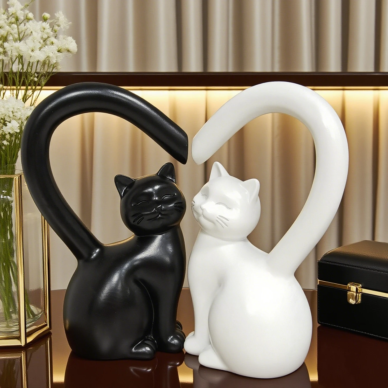 

Minimalist Black and White Cat Heart-Shaped Ornaments, Resin Couple Cats Home Decor, Living Room Entryway Tabletop Soft Decor
