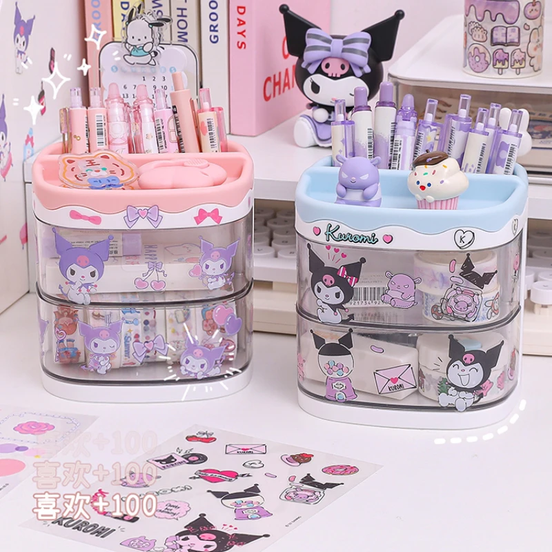 Miniso Sanrio Pen Holder Stand Storage Box Organizer Kuromi Cinnamoroll Melody Sticker Decor Stationary Cute Sanrio School Gift