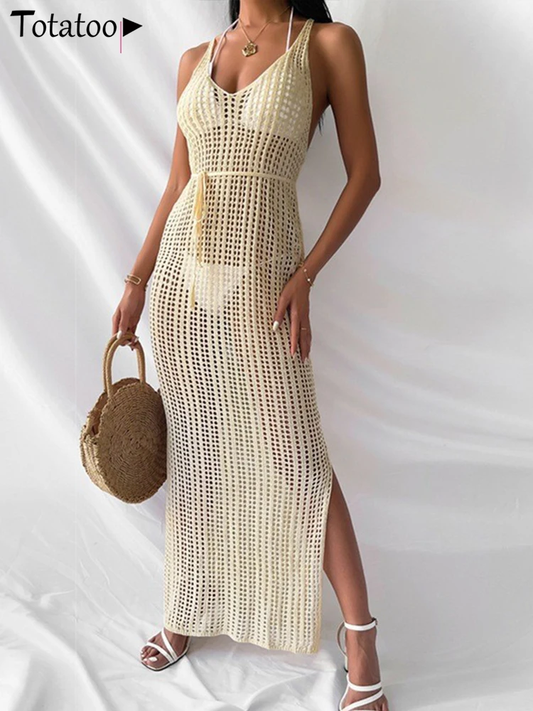 Women's Sexy Crochet Knitted Cover Up Dress Hollow Out Bikini Swimsuit Swimwear Side Split Long Beach Dress Summer New 2026