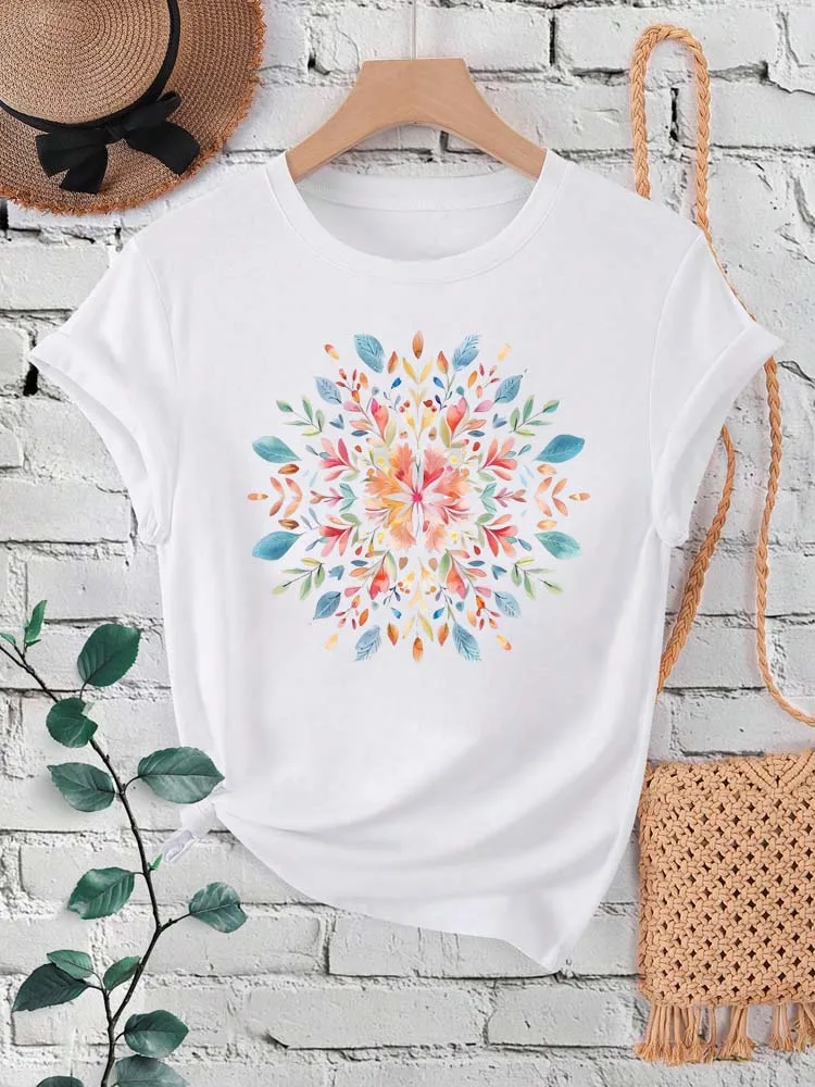 Floral Mandala Print Women Fashion T Shirt Summer Short Sleeves O Neck Y2K Tops Tee Female 90s Casual Clothing