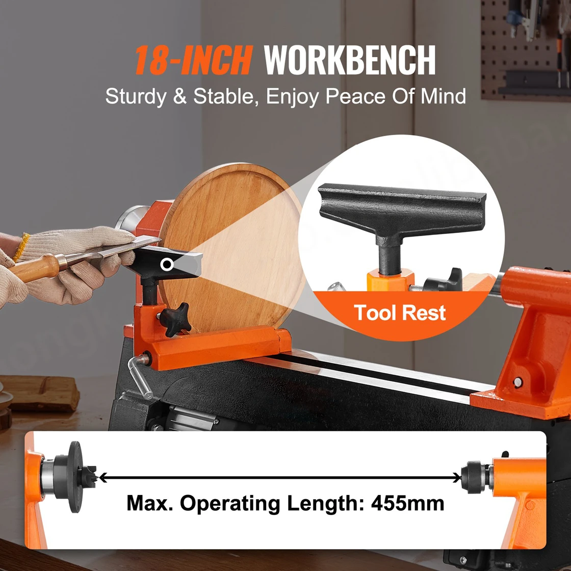 780/1320/1920/2640/3840 Variable Speeds Benchtop 10 In X 18 In 0.5 HP Wood Lathe 370W Power Wood Turning Lathe Machine view 3