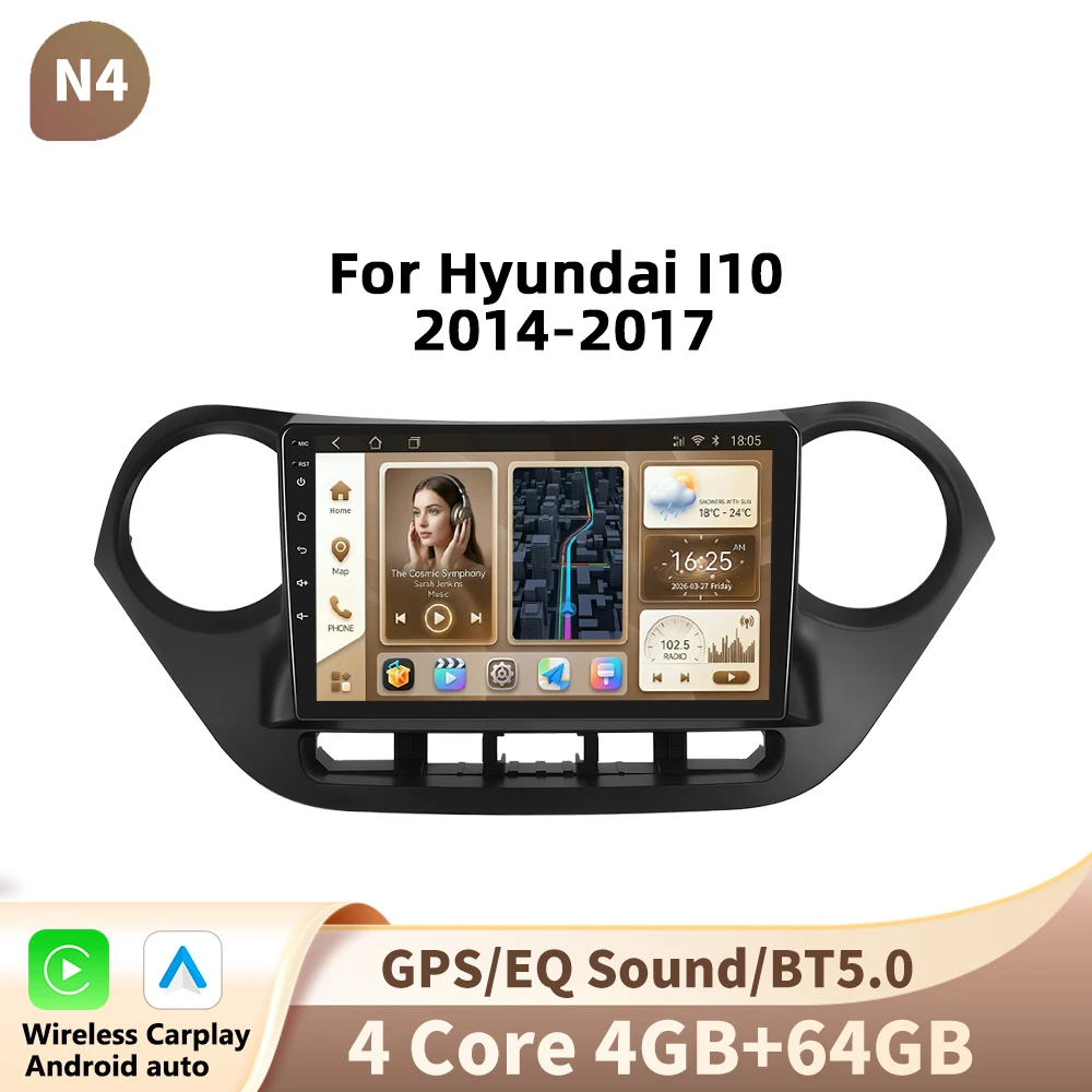 Podofo autoradio voor Hyundai I10 2014-2017 draadloze Carplay Android Auto multimediaspeler 2 Din
