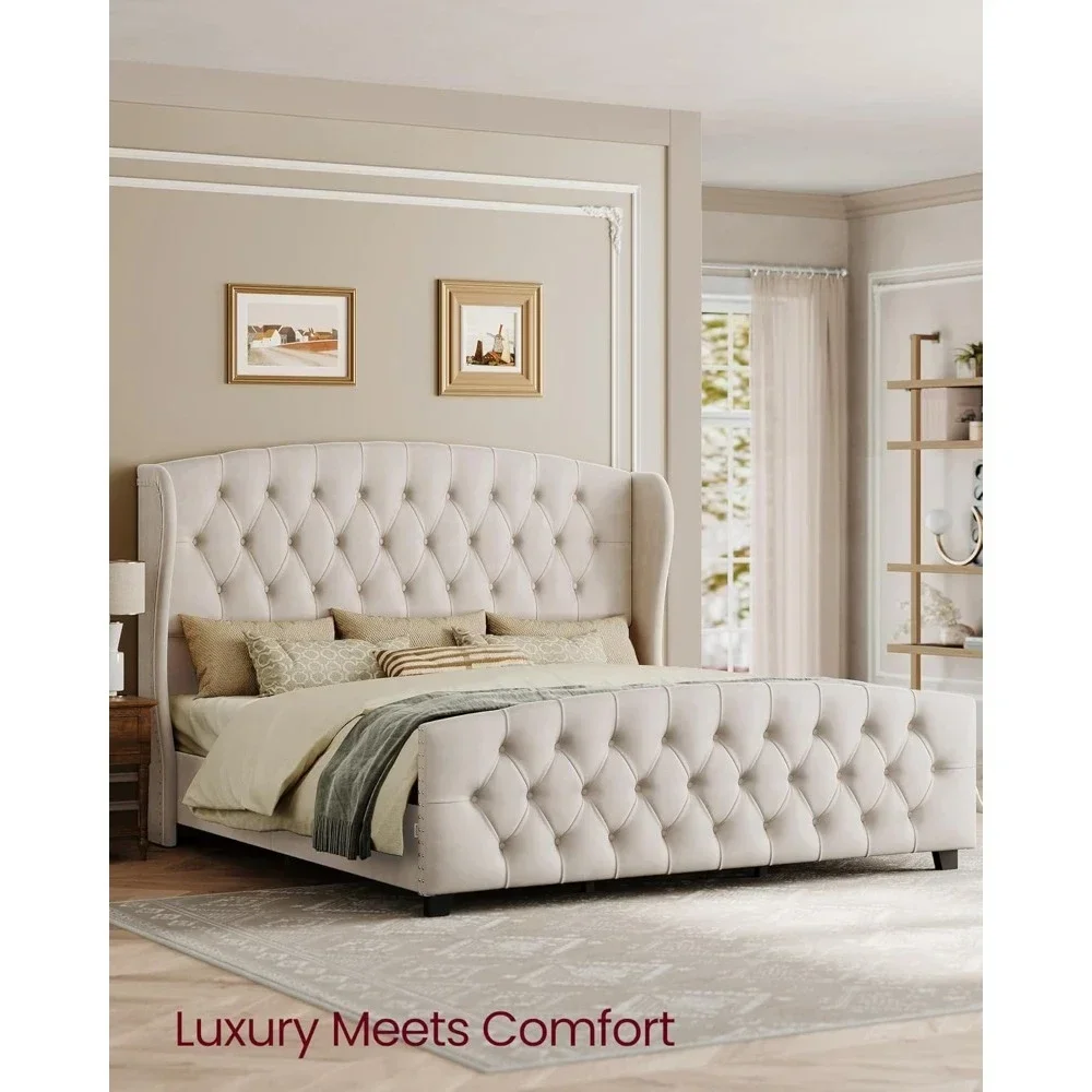 

Queen Size Bed Frame with Tall Headboard & Wingback Tufted Headboard and Footboard, Wooden Slats, No Box Spring Needed
